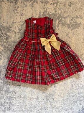 Holiday Red Plaid Party Dress with Gold Bow - Kids